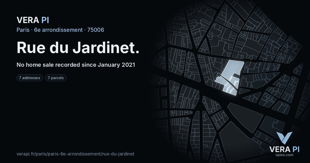 Rue du Jardinet, 6e arrondissement at night – every parcel coloured by the prices around it, the street's own parcels lit
