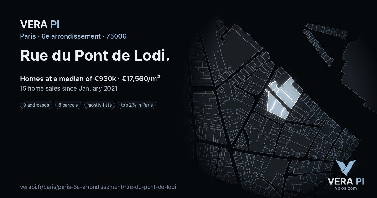 Rue du Pont de Lodi, 6e arrondissement at night – every parcel coloured by the prices around it, the street's own parcels lit