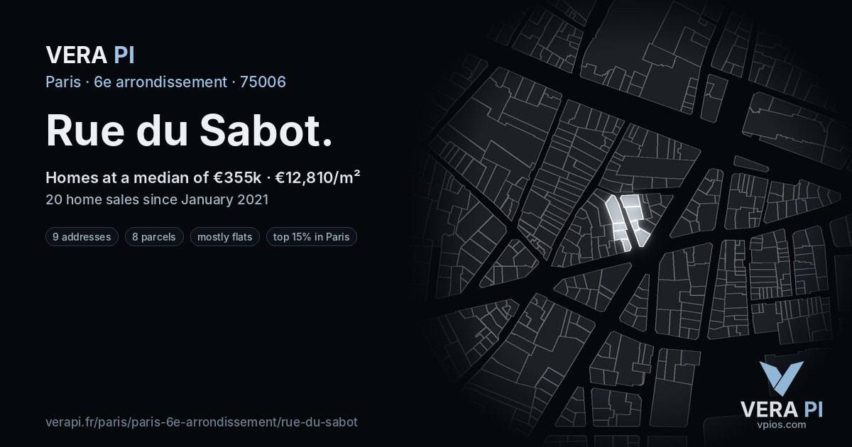 Rue du Sabot, 6e arrondissement at night – every parcel coloured by the prices around it, the street's own parcels lit
