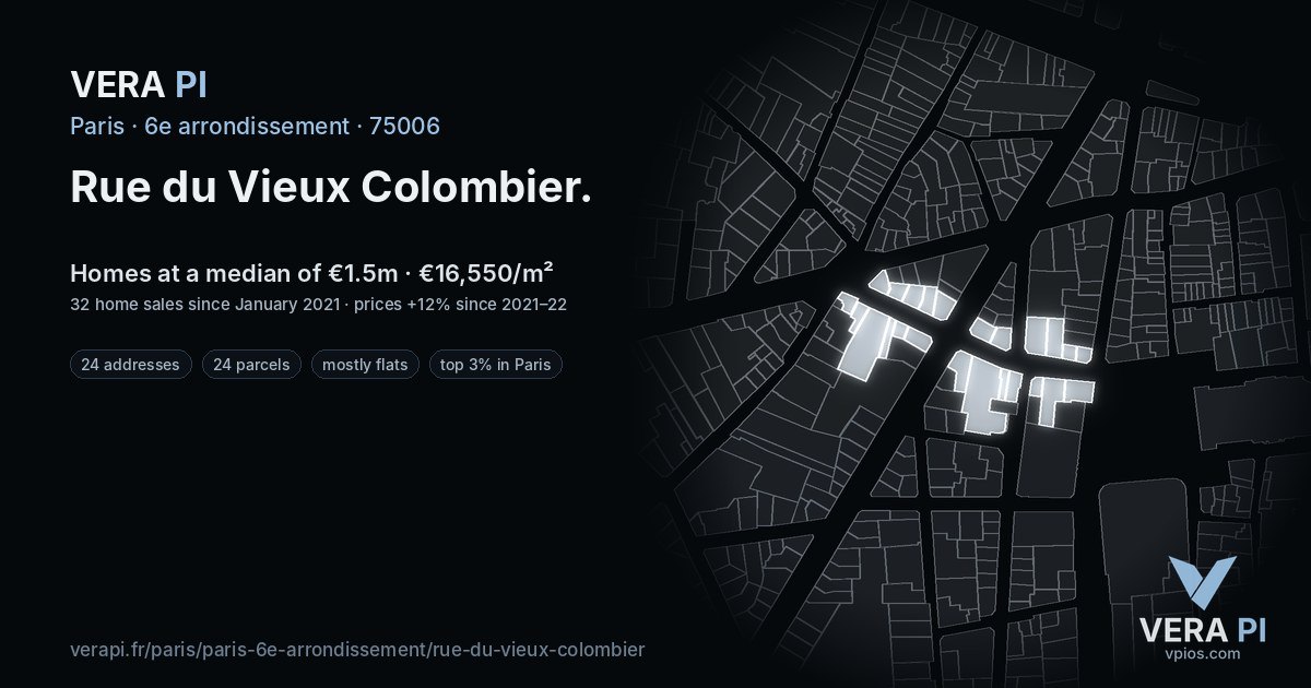 Rue du Vieux Colombier, 6e arrondissement at night – every parcel coloured by the prices around it, the street's own parcels lit