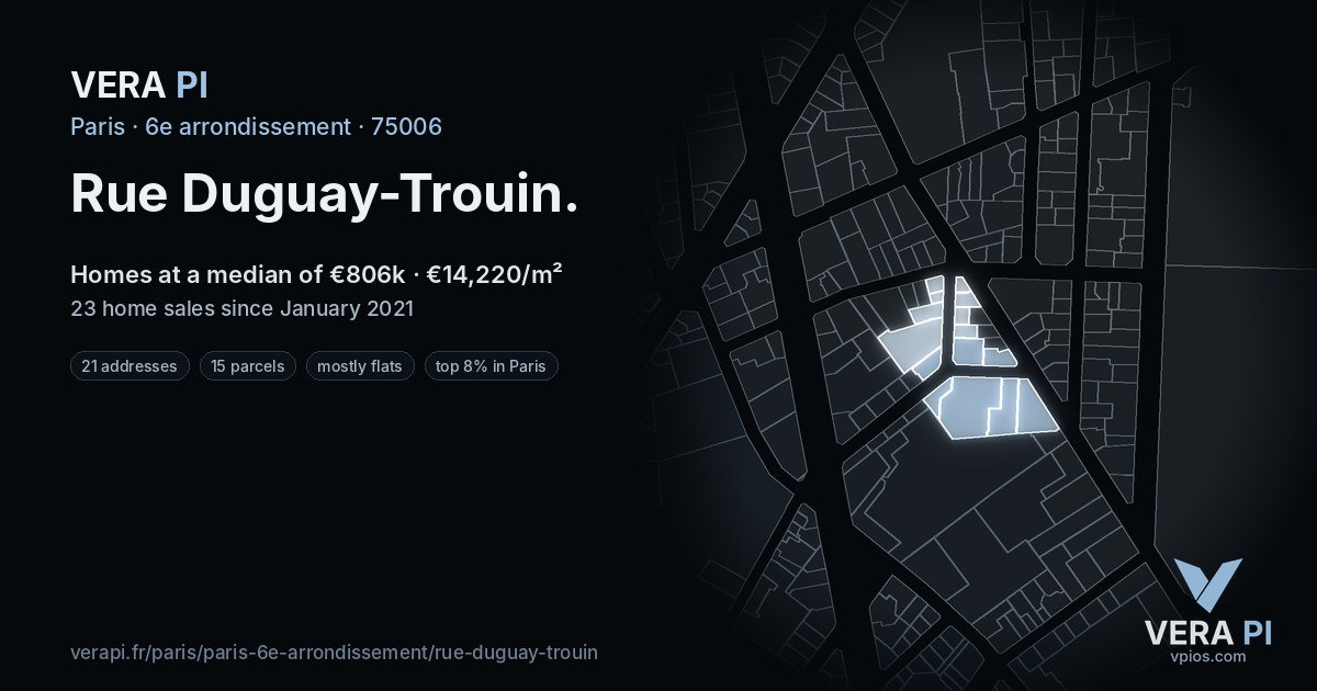 Rue Duguay-Trouin, 6e arrondissement at night – every parcel coloured by the prices around it, the street's own parcels lit