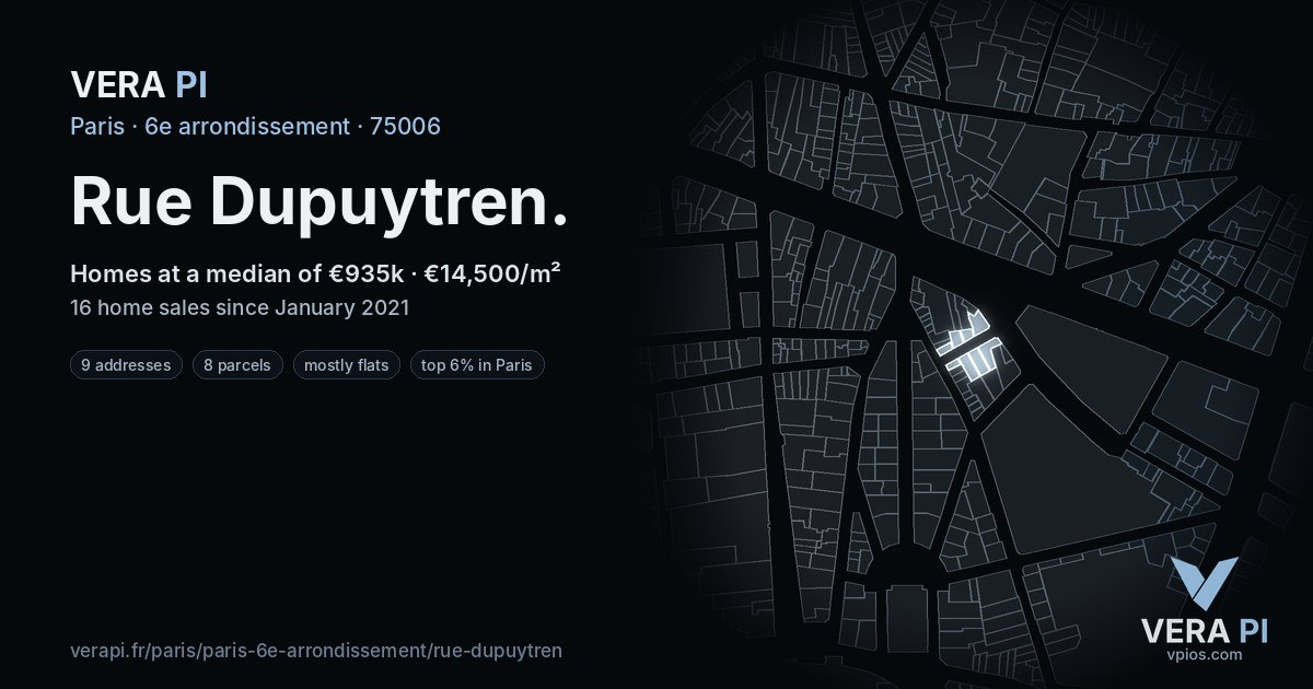 Rue Dupuytren, 6e arrondissement at night – every parcel coloured by the prices around it, the street's own parcels lit