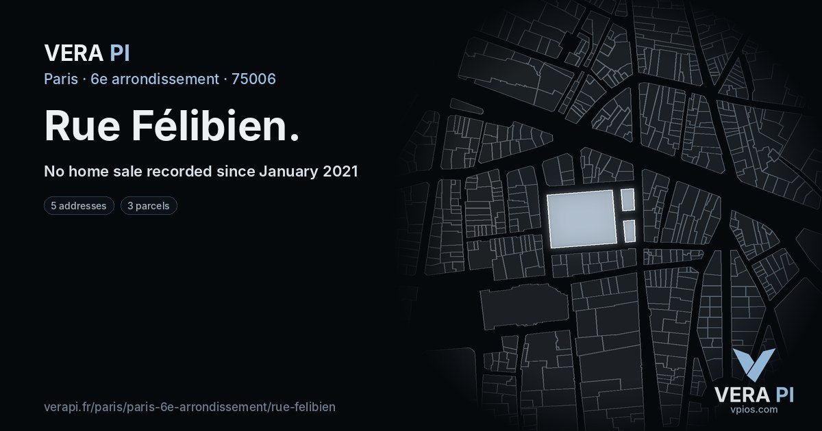 Rue Félibien, 6e arrondissement at night – every parcel coloured by the prices around it, the street's own parcels lit