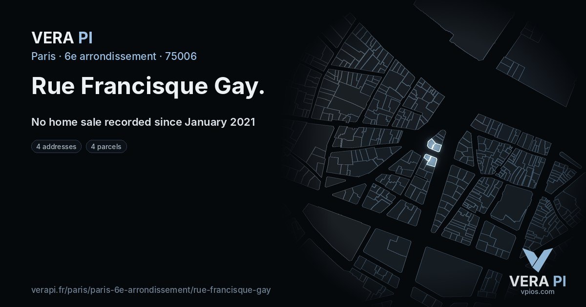 Rue Francisque Gay, 6e arrondissement at night – every parcel coloured by the prices around it, the street's own parcels lit