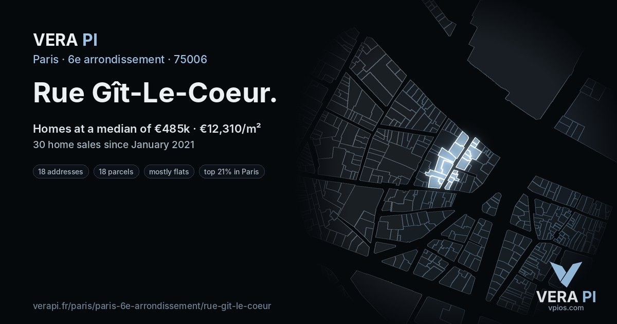 Rue Gît-Le-Coeur, 6e arrondissement at night – every parcel coloured by the prices around it, the street's own parcels lit