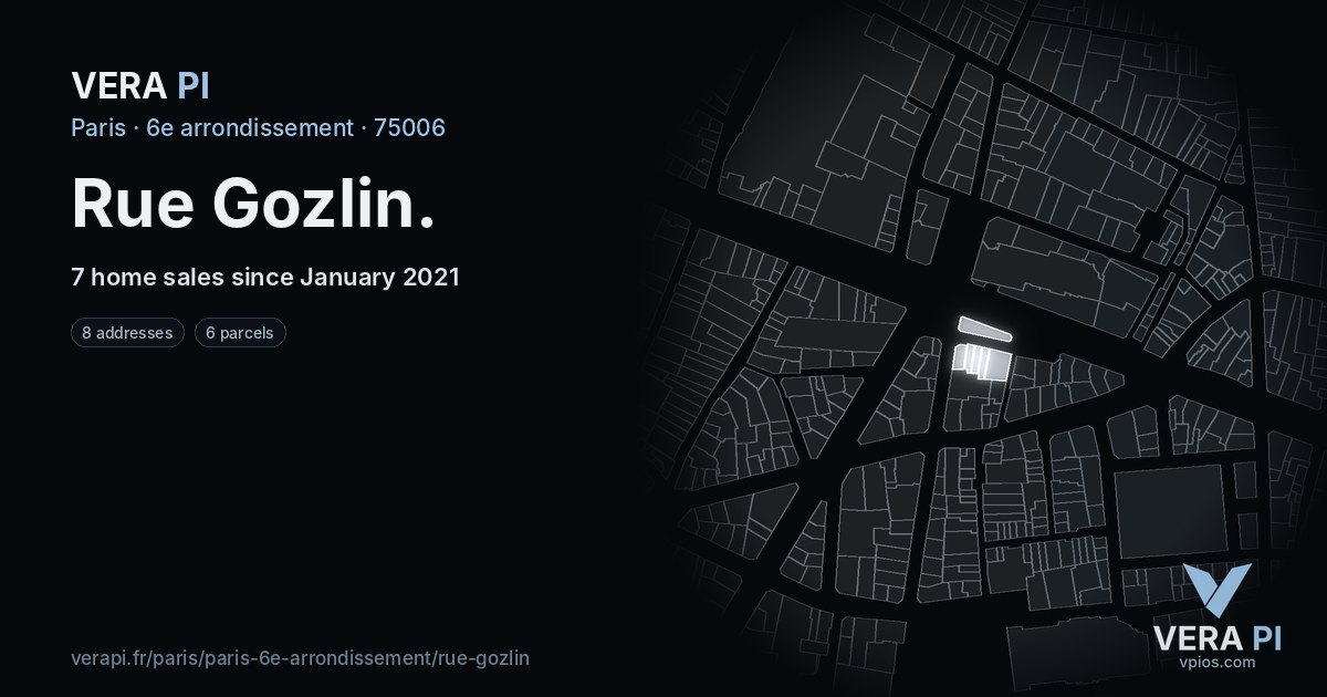 Rue Gozlin, 6e arrondissement at night – every parcel coloured by the prices around it, the street's own parcels lit