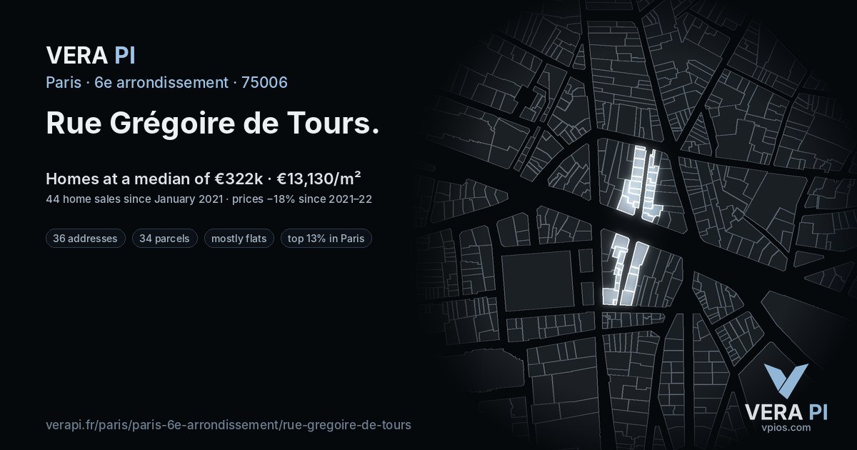 Rue Grégoire de Tours, 6e arrondissement at night – every parcel coloured by the prices around it, the street's own parcels lit