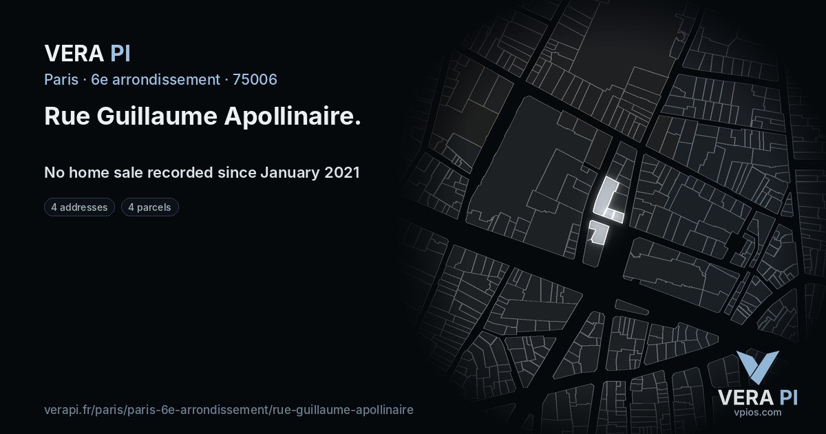 Rue Guillaume Apollinaire, 6e arrondissement at night – every parcel coloured by the prices around it, the street's own parcels lit