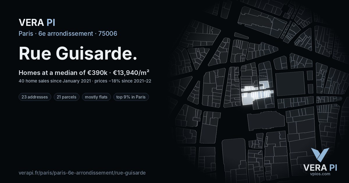 Rue Guisarde, 6e arrondissement at night – every parcel coloured by the prices around it, the street's own parcels lit