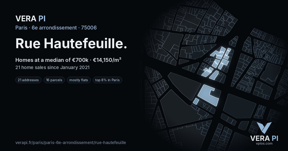 Rue Hautefeuille, 6e arrondissement at night – every parcel coloured by the prices around it, the street's own parcels lit