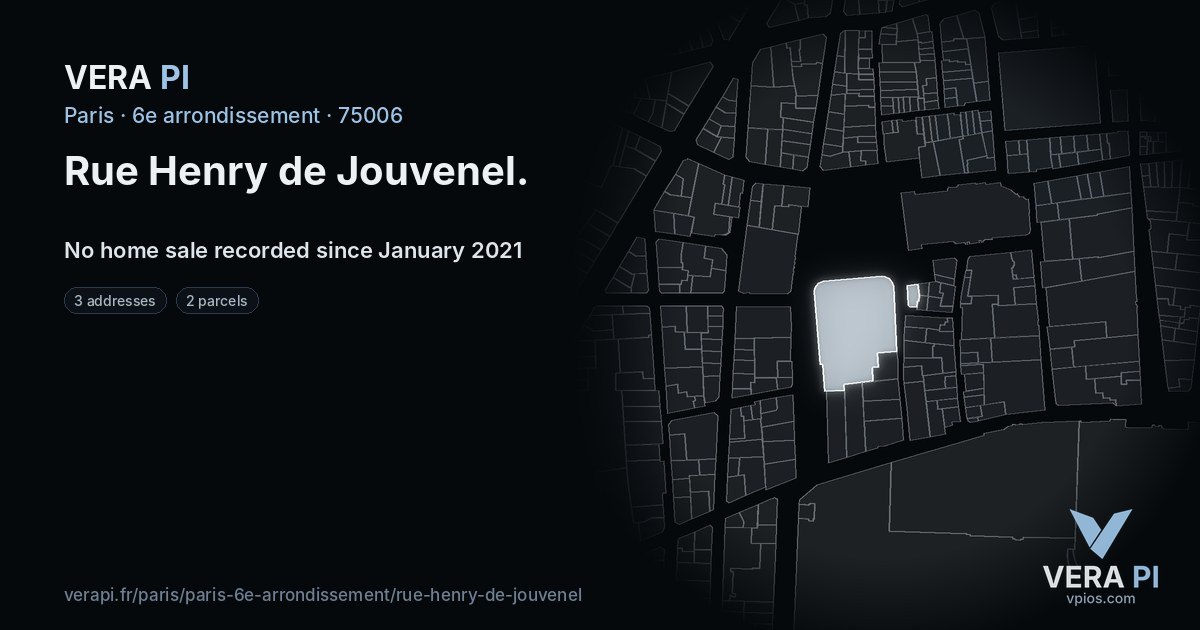 Rue Henry de Jouvenel, 6e arrondissement at night – every parcel coloured by the prices around it, the street's own parcels lit