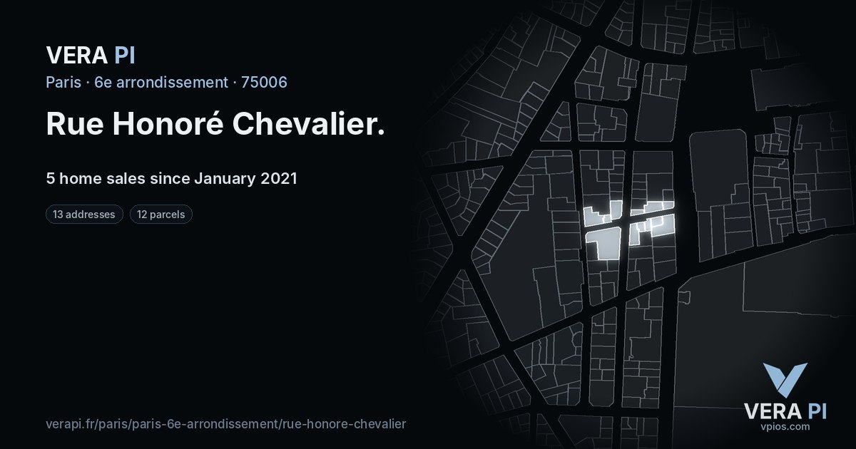 Rue Honoré Chevalier, 6e arrondissement at night – every parcel coloured by the prices around it, the street's own parcels lit