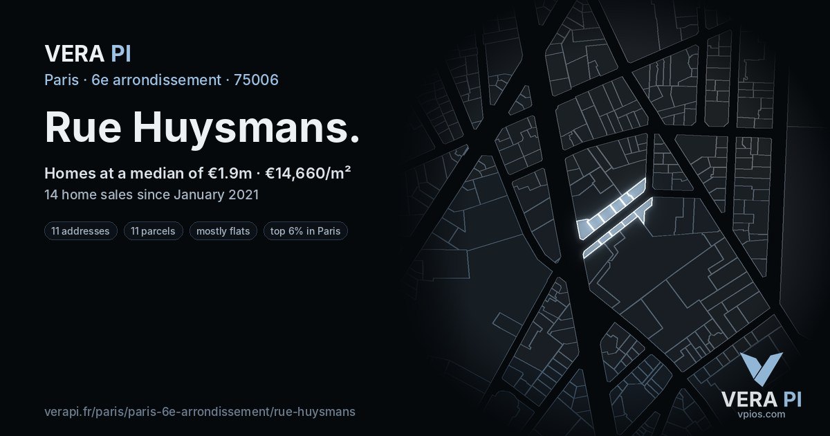 Rue Huysmans, 6e arrondissement at night – every parcel coloured by the prices around it, the street's own parcels lit