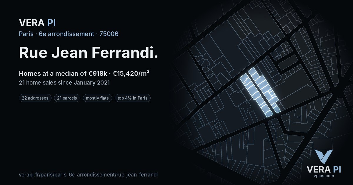 Rue Jean Ferrandi, 6e arrondissement at night – every parcel coloured by the prices around it, the street's own parcels lit