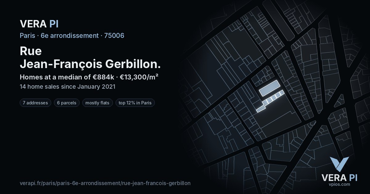 Rue Jean-François Gerbillon, 6e arrondissement at night – every parcel coloured by the prices around it, the street's own parcels lit