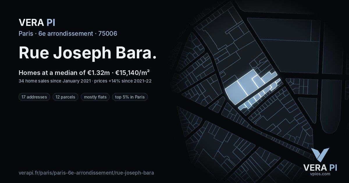 Rue Joseph Bara, 6e arrondissement at night – every parcel coloured by the prices around it, the street's own parcels lit