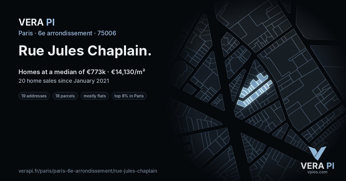 Rue Jules Chaplain, 6e arrondissement at night – every parcel coloured by the prices around it, the street's own parcels lit