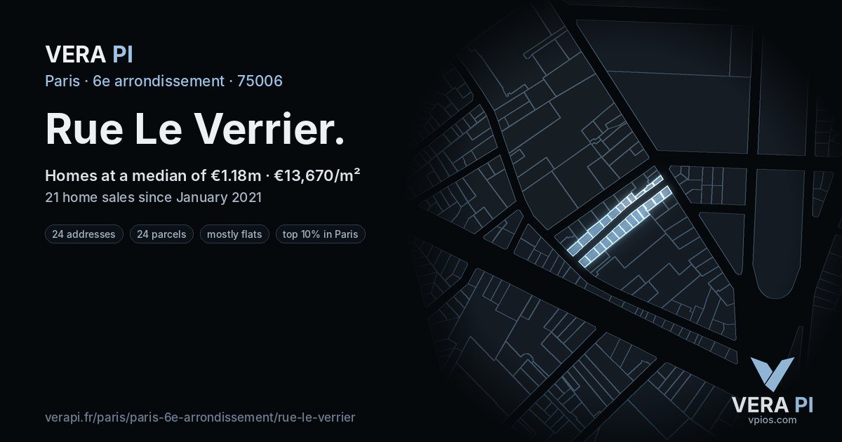 Rue Le Verrier, 6e arrondissement at night – every parcel coloured by the prices around it, the street's own parcels lit