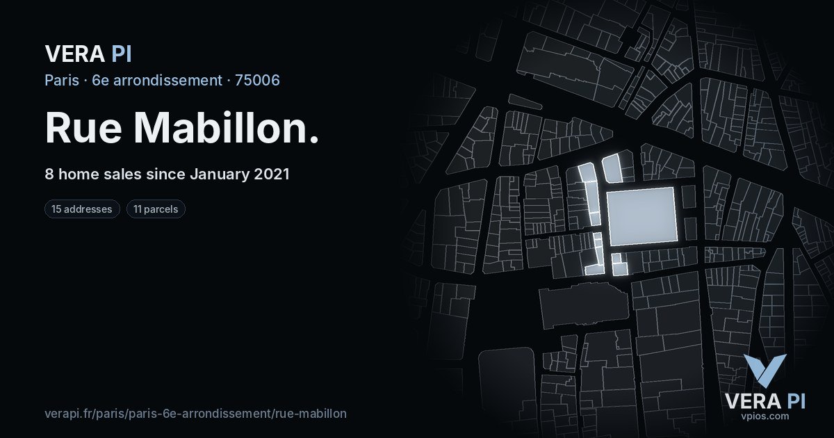 Rue Mabillon, 6e arrondissement at night – every parcel coloured by the prices around it, the street's own parcels lit