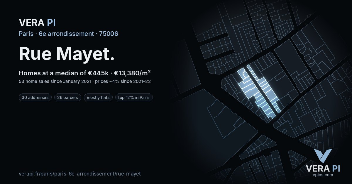 Rue Mayet, 6e arrondissement at night – every parcel coloured by the prices around it, the street's own parcels lit