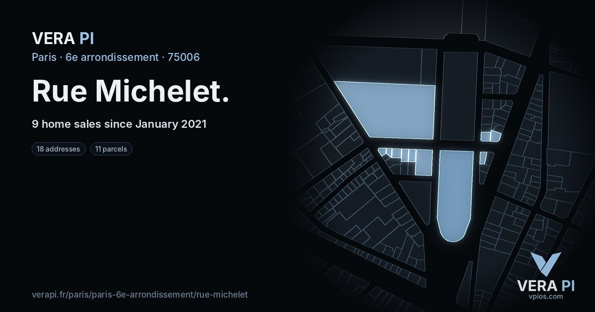 Rue Michelet, 6e arrondissement at night – every parcel coloured by the prices around it, the street's own parcels lit
