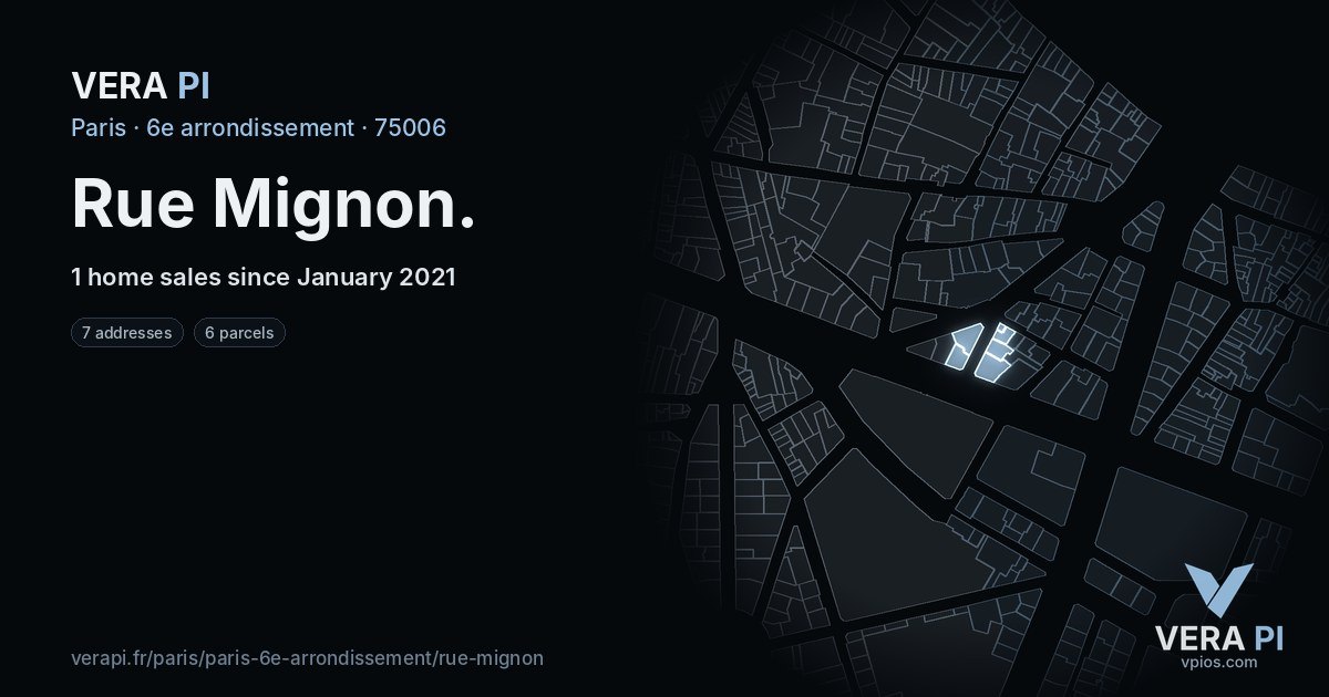 Rue Mignon, 6e arrondissement at night – every parcel coloured by the prices around it, the street's own parcels lit