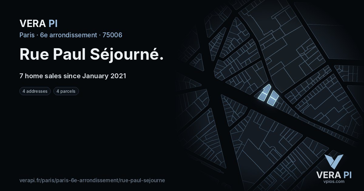 Rue Paul Séjourné, 6e arrondissement at night – every parcel coloured by the prices around it, the street's own parcels lit