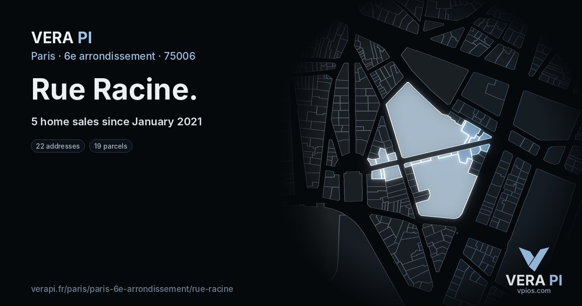 Rue Racine, 6e arrondissement at night – every parcel coloured by the prices around it, the street's own parcels lit