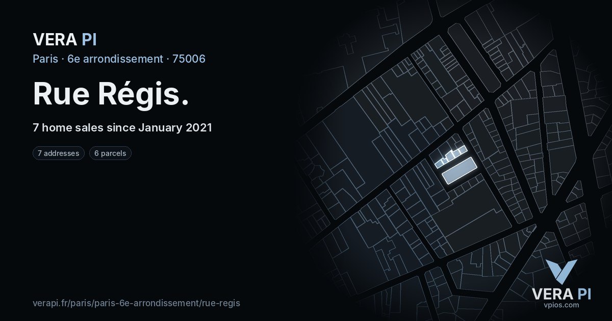 Rue Régis, 6e arrondissement at night – every parcel coloured by the prices around it, the street's own parcels lit