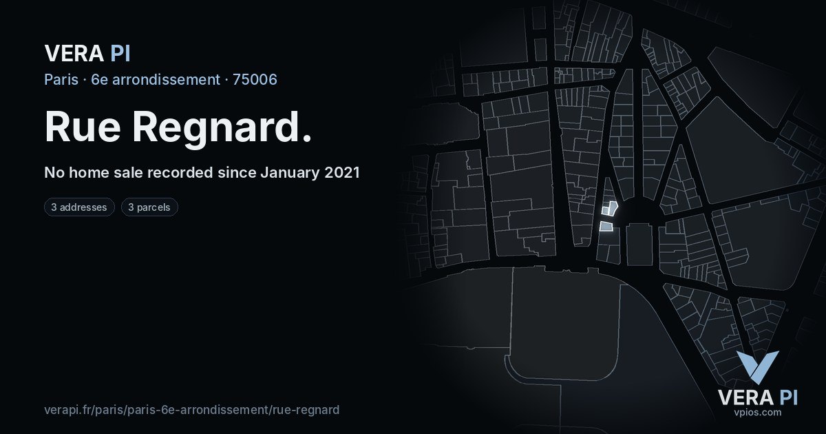 Rue Regnard, 6e arrondissement at night – every parcel coloured by the prices around it, the street's own parcels lit