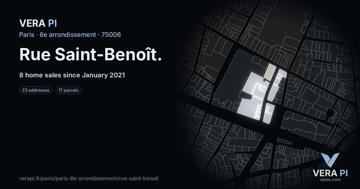 Rue Saint-Benoît, 6e arrondissement at night – every parcel coloured by the prices around it, the street's own parcels lit