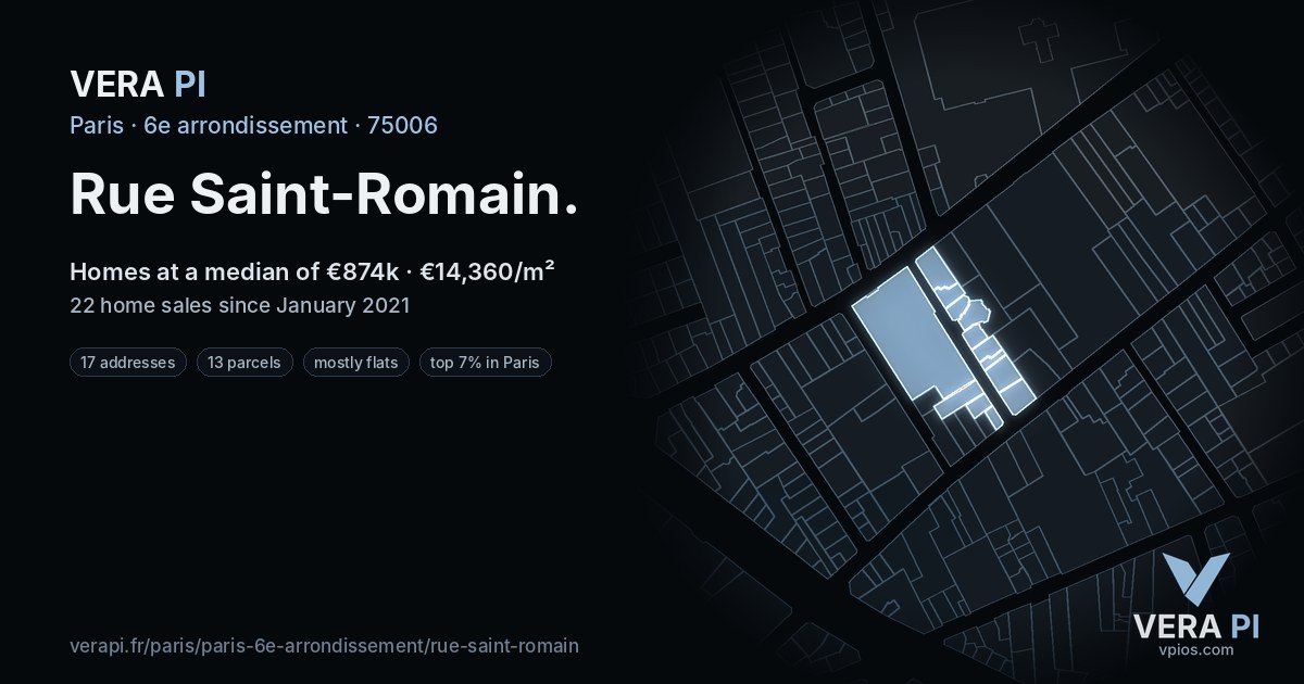 Rue Saint-Romain, 6e arrondissement at night – every parcel coloured by the prices around it, the street's own parcels lit