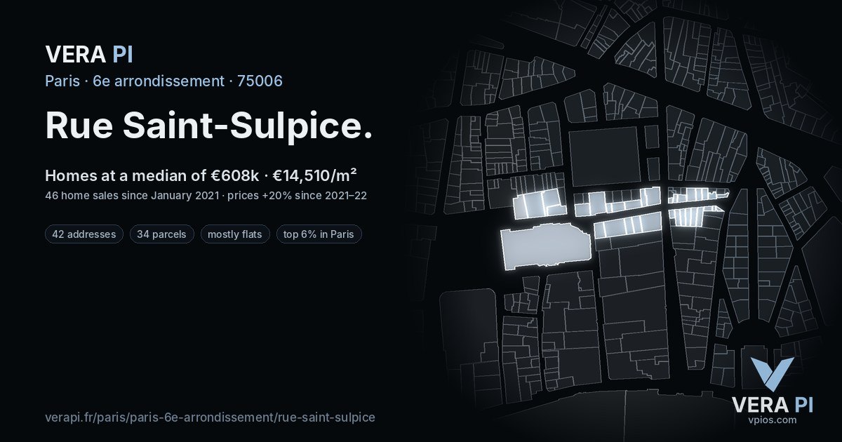 Rue Saint-Sulpice, 6e arrondissement at night – every parcel coloured by the prices around it, the street's own parcels lit
