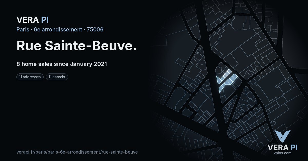 Rue Sainte-Beuve, 6e arrondissement at night – every parcel coloured by the prices around it, the street's own parcels lit