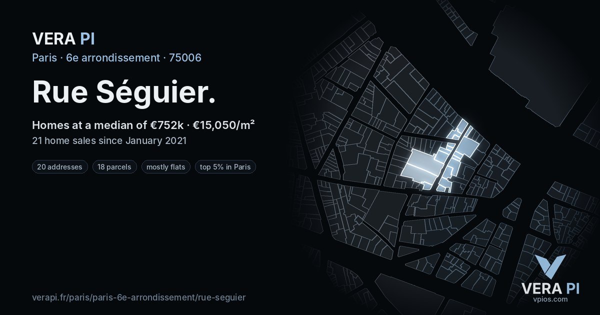 Rue Séguier, 6e arrondissement at night – every parcel coloured by the prices around it, the street's own parcels lit