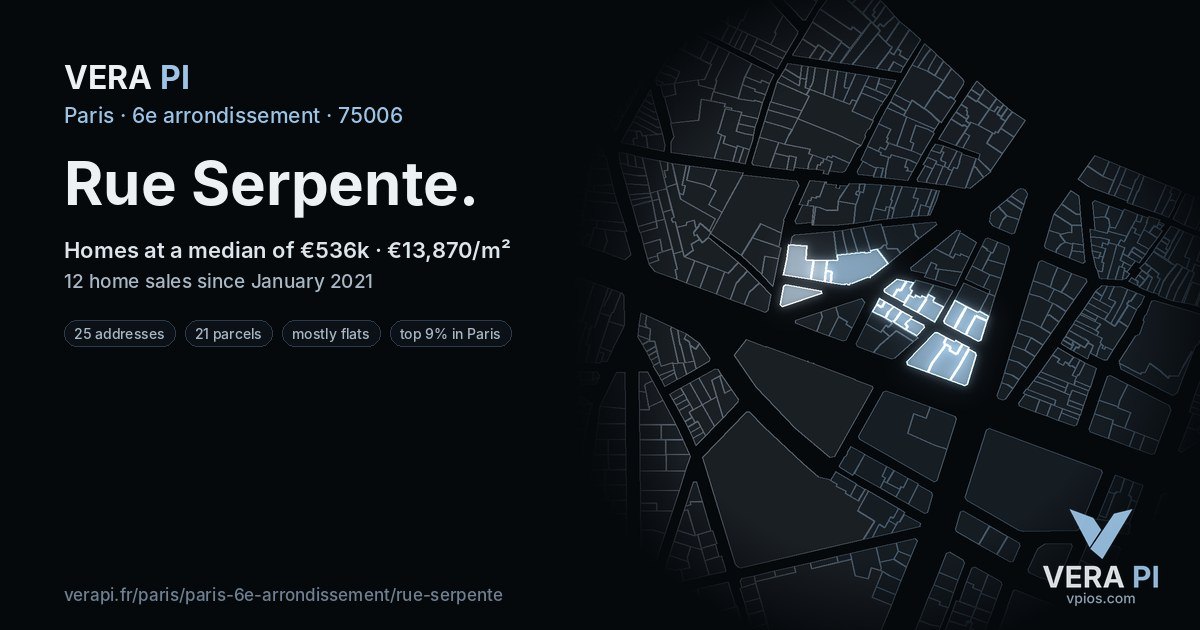 Rue Serpente, 6e arrondissement at night – every parcel coloured by the prices around it, the street's own parcels lit