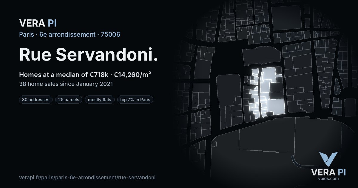 Rue Servandoni, 6e arrondissement at night – every parcel coloured by the prices around it, the street's own parcels lit