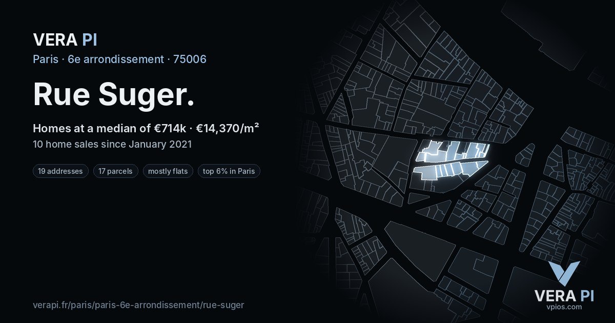 Rue Suger, 6e arrondissement at night – every parcel coloured by the prices around it, the street's own parcels lit