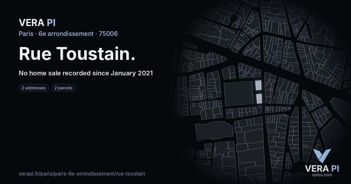 Rue Toustain, 6e arrondissement at night – every parcel coloured by the prices around it, the street's own parcels lit