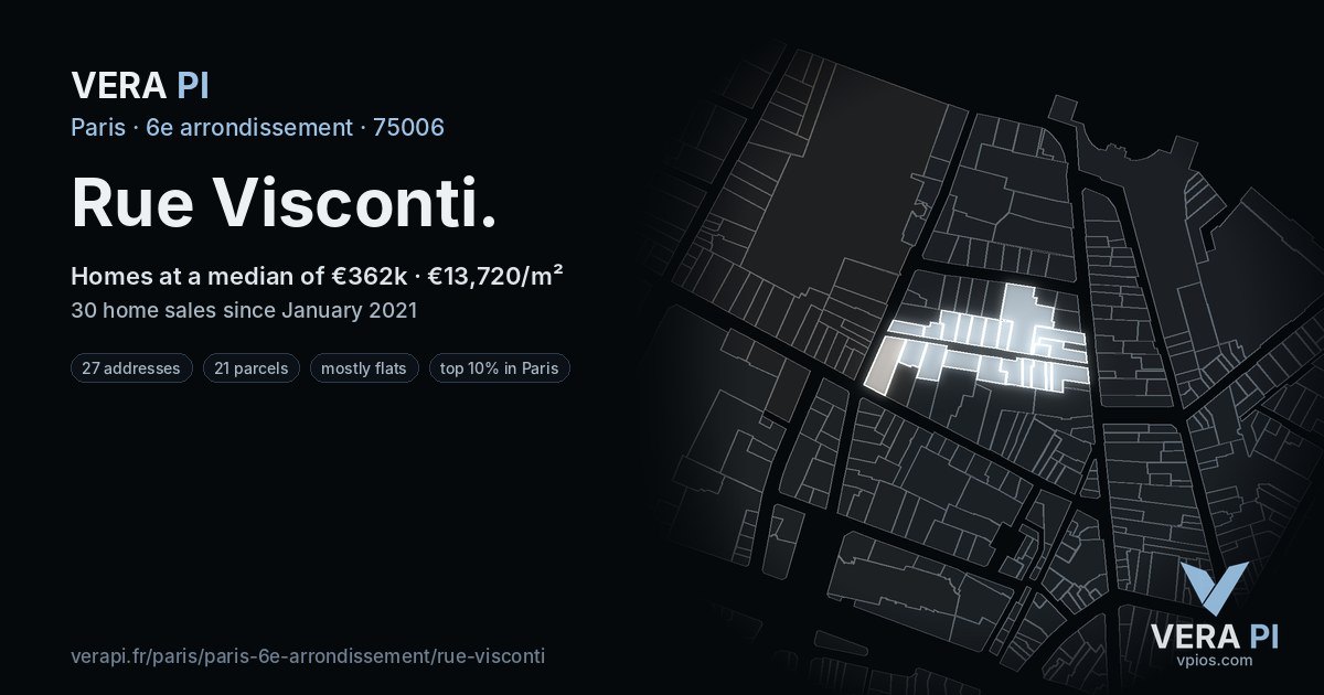 Rue Visconti, 6e arrondissement at night – every parcel coloured by the prices around it, the street's own parcels lit