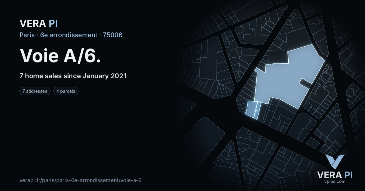 Voie A/6, 6e arrondissement at night – every parcel coloured by the prices around it, the street's own parcels lit