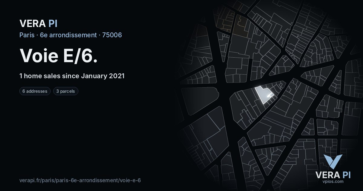 Voie E/6, 6e arrondissement at night – every parcel coloured by the prices around it, the street's own parcels lit