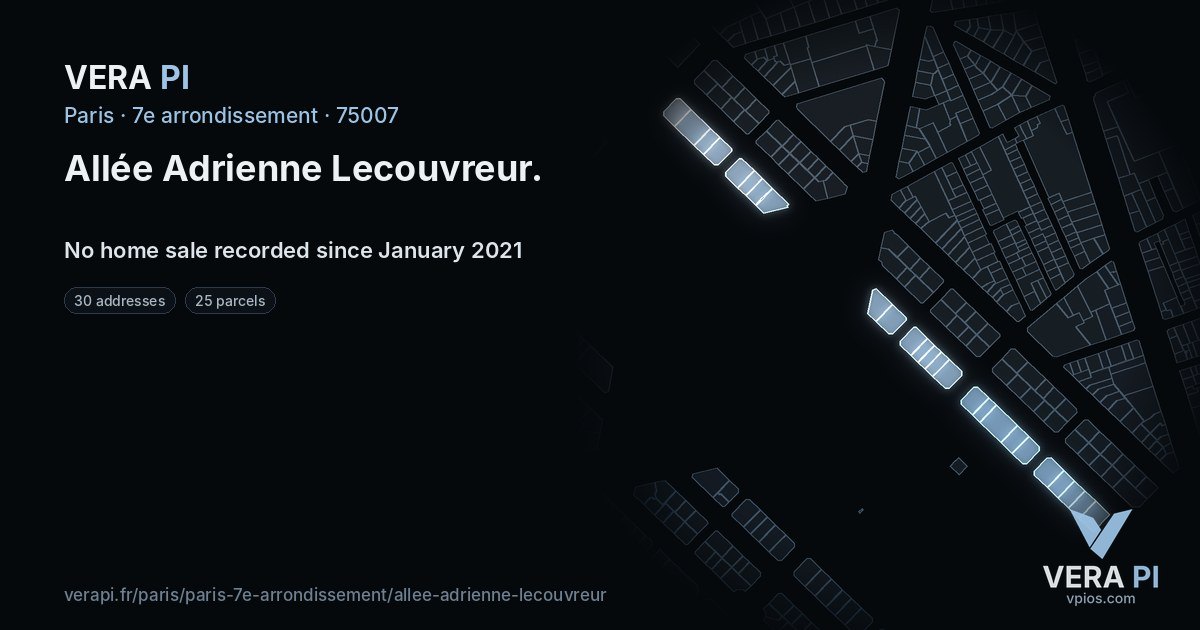 Allée Adrienne Lecouvreur, 7e arrondissement at night – every parcel coloured by the prices around it, the street's own parcels lit