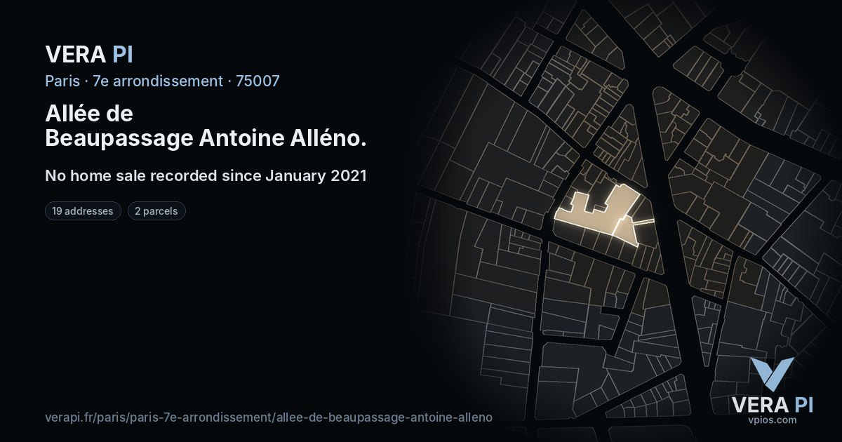 Allée de Beaupassage Antoine Alléno, 7e arrondissement at night – every parcel coloured by the prices around it, the street's own parcels lit