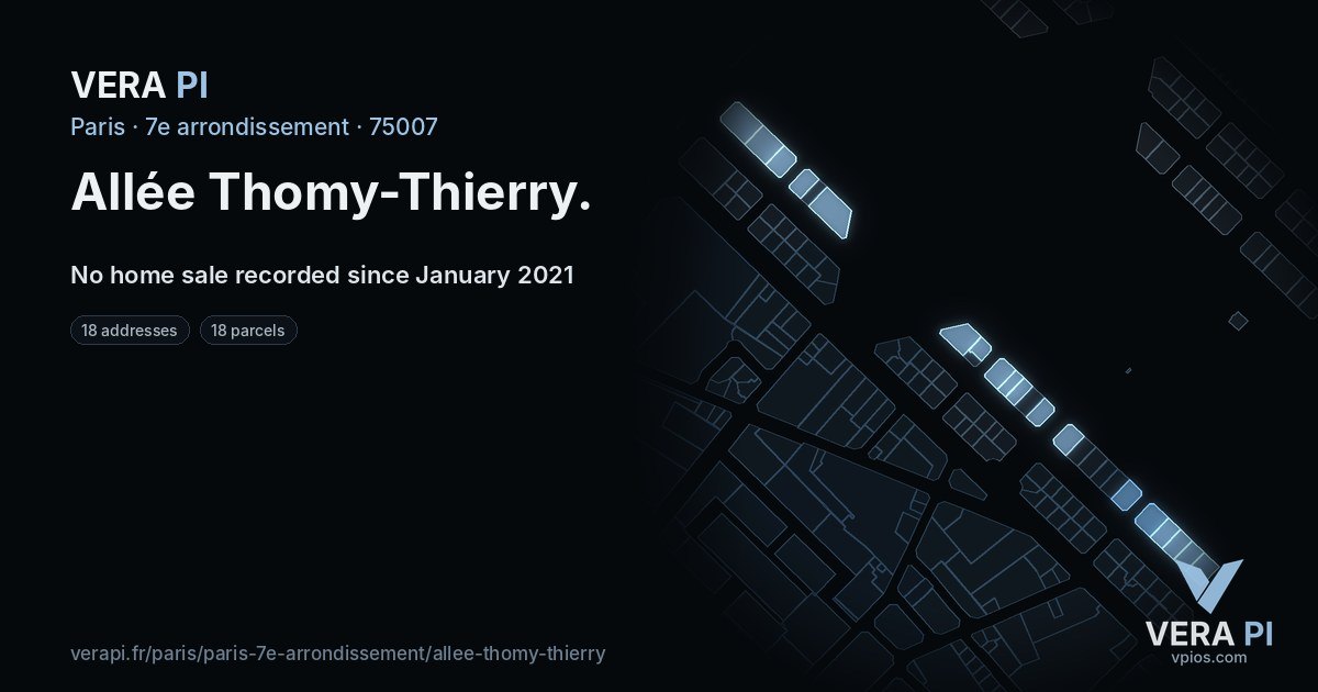 Allée Thomy-Thierry, 7e arrondissement at night – every parcel coloured by the prices around it, the street's own parcels lit