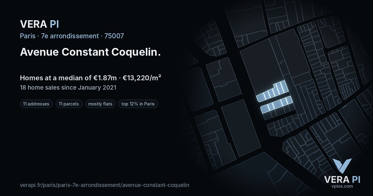 Avenue Constant Coquelin, 7e arrondissement at night – every parcel coloured by the prices around it, the street's own parcels lit