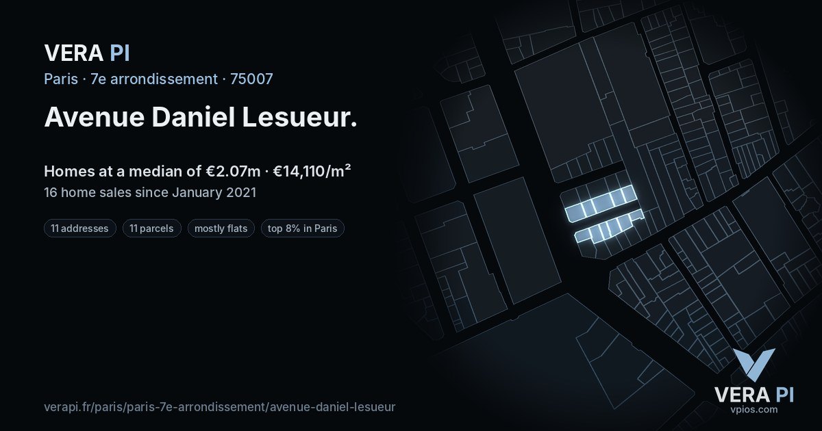 Avenue Daniel Lesueur, 7e arrondissement at night – every parcel coloured by the prices around it, the street's own parcels lit