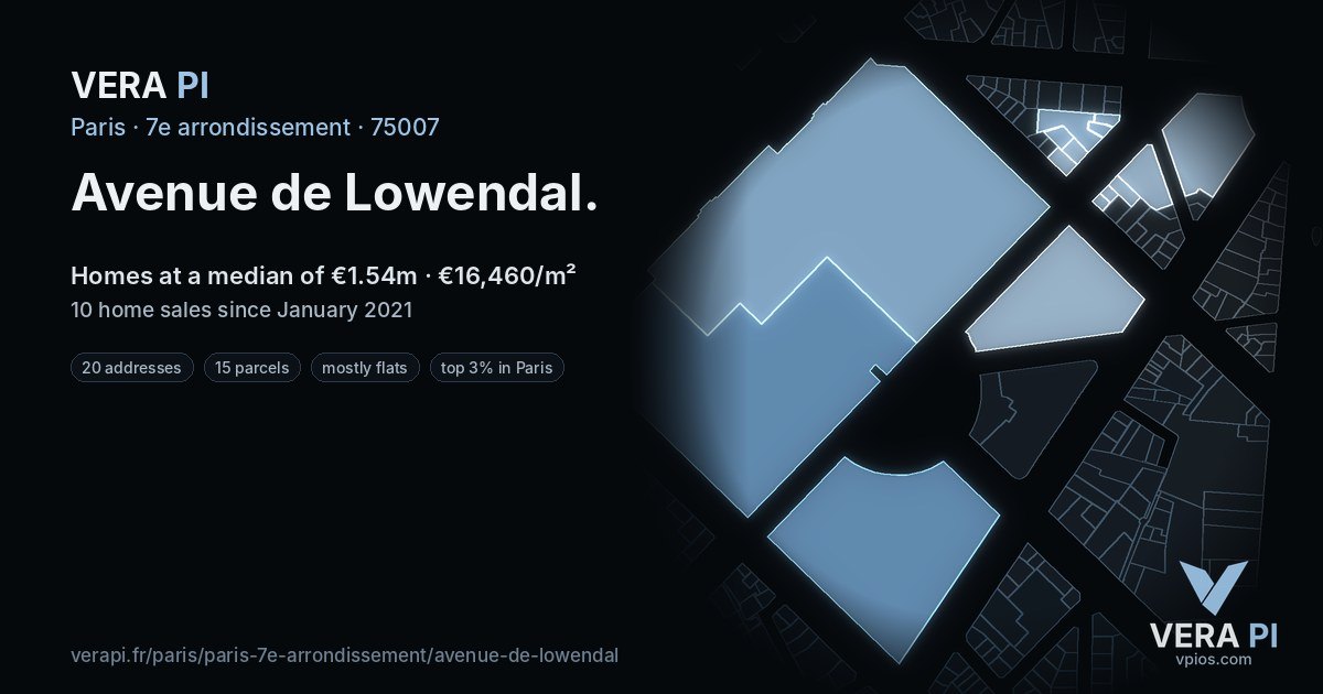 Avenue de Lowendal, 7e arrondissement at night – every parcel coloured by the prices around it, the street's own parcels lit