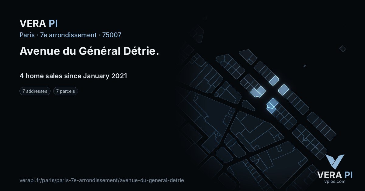 Avenue du Général Détrie, 7e arrondissement at night – every parcel coloured by the prices around it, the street's own parcels lit