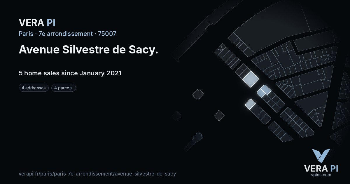 Avenue Silvestre de Sacy, 7e arrondissement at night – every parcel coloured by the prices around it, the street's own parcels lit
